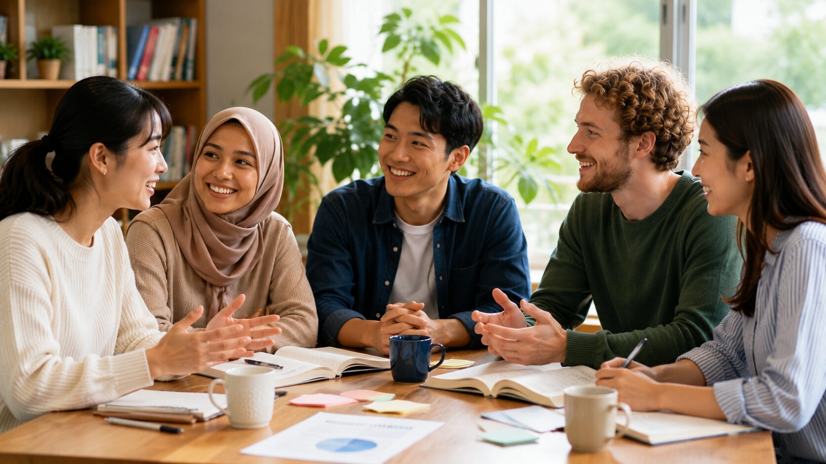 日本人と外国人が学び合い、対話する多文化交流のイメージ