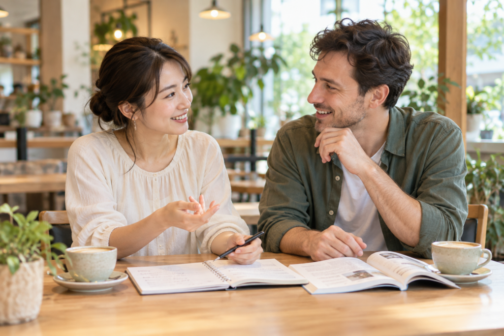 A Japanese tutor and an adult learner practicing Japanese together at a café