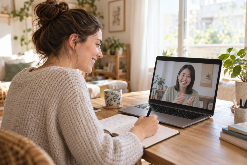 An adult learner taking an online Japanese lesson at home and writing notes